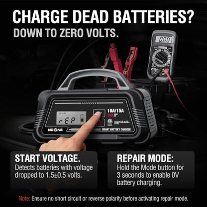 NOONE 10A/15A Smart Battery Charger - 6V/12V Fully Automatic Maintainer | with 50A Engine Start, Auto Repair & Desulfation with Overheat Protection - Compatible with Lead-Acid, AGM, LiFePO4 Batteries