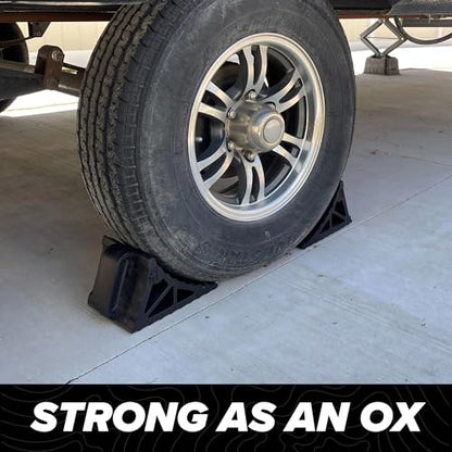EKON OX BLOX Heavy Duty Wheel Chocks with Handle 2-Pack - Wide 6" Footprint | With Grooves to Prevent Tires from Slipping; Campers, Trailers & RV Wheel Chocks; 100% Recycled Rubber Wheel Chocks