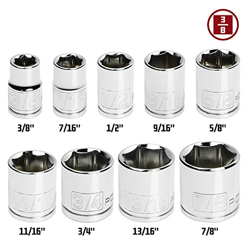 Powerbuilt 9-Piece 3/8-Inch Drive SAE Shallow Socket Set – 6-Point Chrome Vanadium Steel Sockets (3/8" to 7/8") with Chamfered Openings & Size Markings – Includes Storage Case – 641716 - size: SAE, style: 9pc