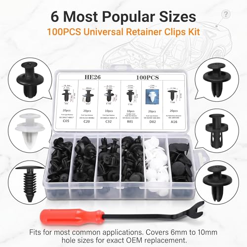 100 PCS Bumper Push Fasteners Rivet Clips, 6 Sizes Body Door Panel Retainer Clips, Expansion Screws Boxed with Removal Pliers, for Most Cars Repair Accessories (White)
