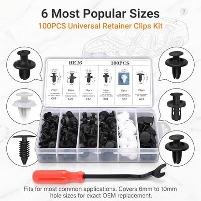 100 PCS Bumper Push Fasteners Rivet Clips, 6 Sizes Body Door Panel Retainer Clips, Expansion Screws Boxed with Removal Pliers, for Most Cars Repair Accessories (White)