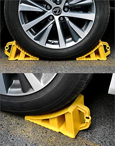 QWORK RV Wheel Chocks, 4 Pack Heavy Duty Car RV Tire Chocks Camper Chocks with Handle and Rope, Car Truck Stopper for Travel Trailers, Camper, Cars, Truck, Yellow