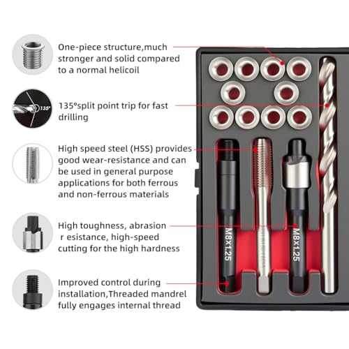 M8x1.25 Thread Repair Kit with 11.7mm Insert HSS Drill, Tap, Counterbore, Installation Driver,Stainless Steel Insert M8x1.25x11.7mmx10pcs - size: M8x1.25x11.7mm Thread Repair Kit