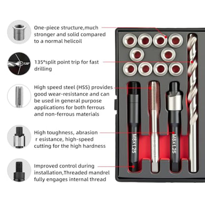 M8x1.25 Thread Repair Kit with 11.7mm Insert HSS Drill, Tap, Counterbore, Installation Driver,Stainless Steel Insert M8x1.25x11.7mmx10pcs - size: M8x1.25x11.7mm Thread Repair Kit