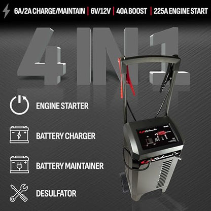 Schumacher Electric Wheeled Automatic 6A Car Battery Charger and 300A Engine Starter, 4-in-1 Solution, Maintainer, 60A Boost, for 6V/12V Power Sport, Automotive, and Marine Batteries, SC1400 - style: Wheel Battery Charger