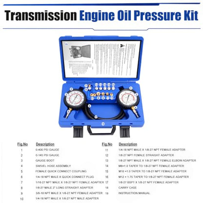 Transmission/Engine Oil Pressure KIT, Capable of Both Static and On-Road Testing, High/Low (0-400psi/0-100psi), 72" Hose, 13pc Adapters - size: Oil Pressure Kit