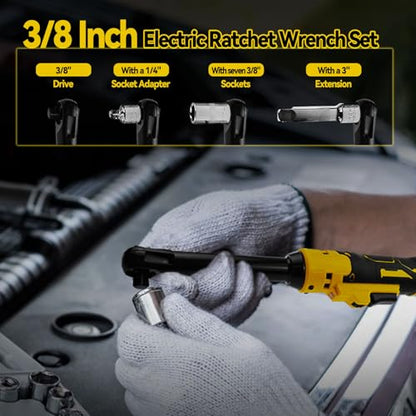 3/8" Cordless Ratchet Wrench for Dewalt 20V MAX Batteries, 80 Nm Electric Power Ratchet with 6-Inch Extended Neck, 320 RPM,LED Light & 8-Piece Metric Socket Set (For Dewalt 20V Battery)
