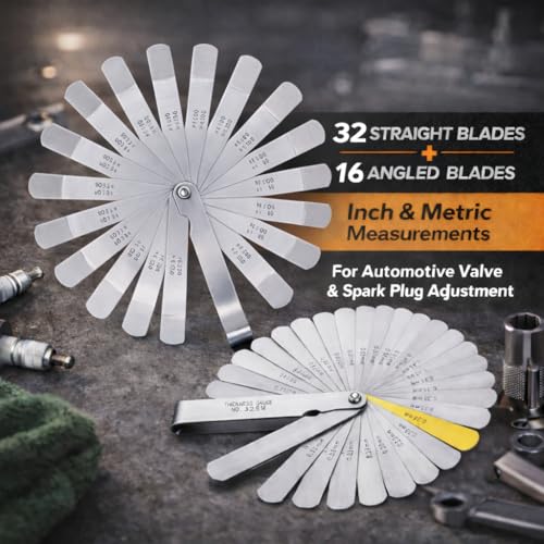 Feeler Gauges Set, 2pcs Stainless Steel, 32 Straight & 16 Angled Blades, Dual Marked SAE/Metric, Spark Plug Gap Tool for Valves, Automotive, Piston, Guitar (32 Straight & 16 Angled Blades)
