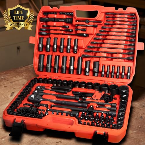 LLNDEI 160Pc Mechanics Socket Set 1/2 1/4 3/8" Drive Metric | CR-V Deep & Shallow Sockets, Metric, Quick Release Ratchet, Professional Tool Kit for Auto Repair, Truck, Garage & Home DIY - size: 160-Piece 1/2" & 3/8" & 1/4" Drive Socket Set