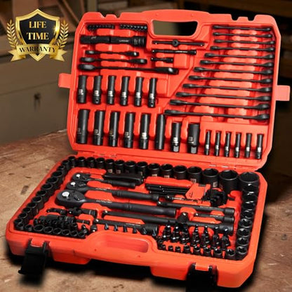 LLNDEI 160Pc Mechanics Socket Set 1/2 1/4 3/8" Drive Metric | CR-V Deep & Shallow Sockets, Metric, Quick Release Ratchet, Professional Tool Kit for Auto Repair, Truck, Garage & Home DIY - size: 160-Piece 1/2" & 3/8" & 1/4" Drive Socket Set