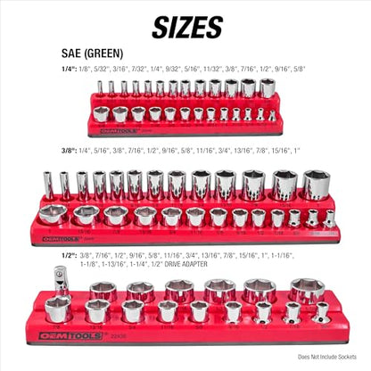 OEMTOOLS 22460 6 Pack Set Metric and SAE Magnetic Socket Tray Set, Red and Black Socket Organizers, 1/4, 3/8, 1/2 Inch Drive Socket Organizer Tray Set - style: 6Pc Red & Black