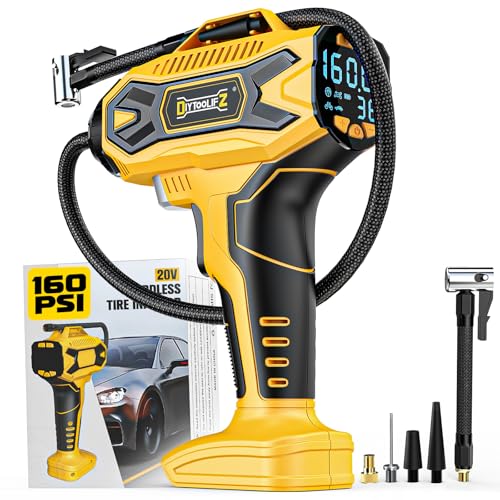 DIYtoolifz 160PSI Cordless Tire Inflator Compatiblew with Dewalt 20V Battery, Portable Air Compressor for Auto, Motorcycles, Bikes, Car Air Pump with Auto Shut-Off, LCD Display, LED Light (Tool Only) - color: Yellow-compatible With Dewalt, size: 160 PSI