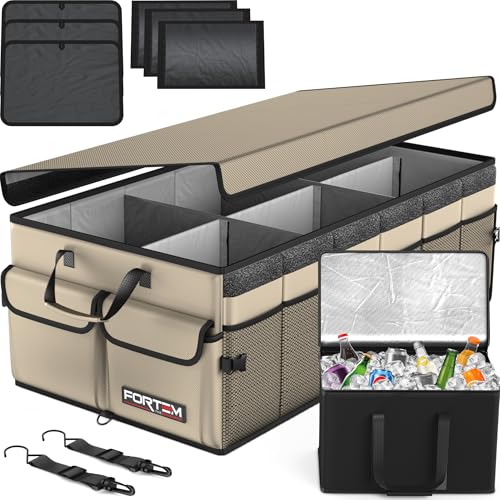 FORTEM Trunk Organizer with Cooler For SUV Car Trunk, Foldable Storage, Car Accessories for Women Men, Collapsible Bag, 600D Oxford, Non Slip Bottom, Straps, Soft Cover (105L) - color: Beige, size: XXL (105L)