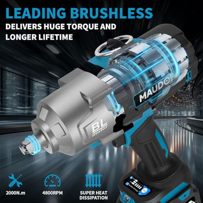 2000Nm Cordless Impact Gun, 1/2" 1500Ft-lbs Heavy Duty Impact Wrench with 2 x 6.0Ah Battery & 5 Sockets, 21V Brushless High Torque Electric Pistola Llave de Impacto for Car/Truck RV/Mower