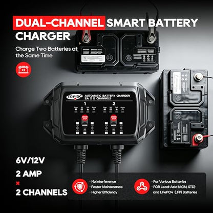 TOPDC 2-Bank 4A Smart Battery Charger for STD, AGM and LiFePO4 | Overcharge protection and temperature compensation help manage charging as battery and ambient temperatures change. - size: 4A (2A*2Banks)