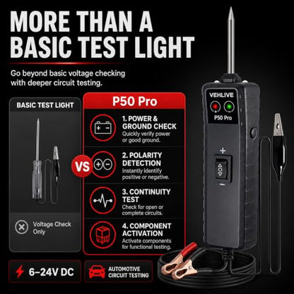 P50 Pro Power Circuit Probe Tester, 6-24V DC Automotive Circuit Tester with Component Activation, Dual LEDs, Manual Reset Protection, Polarity & Continuity Test, Short Finder Test Light