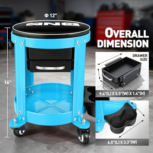 DNA Motoring Round Mechanics Roller Seat Creeper Stool with Padded Cushion, Tool Storage Drawer & Tray, 300 Lbs Max Weight Capacity, Blue, TOOLS-00492 - color: Blue