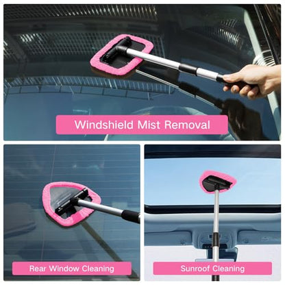 Qydipclin 7pcs Windshield Cleaner Tool Car Window Cleaning Wash Kit with 4 Reusable Microfiber Pads 1 Spray Bottle and Extendable Handle Auto Glass Wiper Kit, Pink - color: Pink