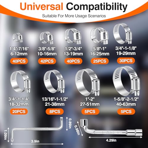 KELIN 217PCS 304 Stainless Steel Hose Clamp Kit, 9 Sizes from 1/4" to 2-1/2" (6-63mm) Adjustable Worm Gear Clamps with Socket Wrench& Screwdriver, Automotive Fuel Line Water Pipe Clamps Assortment Set - size: 217PCS