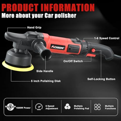 AOBEN Buffer Polisher,5 inch Dual Action Polisher,Long Orbit 16mm Random Buffer Polisher kit with 6 Variable Speed 1000-5500rpm,Detachable Handle,7 Buffing Pads for Car detailing Polishing and Waxing - size: AT3501C-02