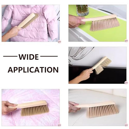 2 Pieces Woooden Dust Brush Hand Broom Bench Brush with Long Wood Handle Whisk Broom Soft Bristle Brush for Counter Bed Sofa Car Fireplace Clothes Household Cleaning (Brown) - color: Brown