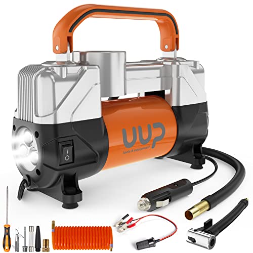 UUP Tire Inflator Air Compressor, 150PSI 12V DC Double Cylinders Heavy Duty Portable Air Pump w/Emergency LED Light for Truck, SUV, Car, RV - color: Orange