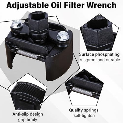 Adjustable Oil Filter Wrench, Universal 2-3/8 to 3-1/8 inch 60-80mm Oil Filter Removal Tool with Auto-Clamp Spring, 1/2'' Drive Cap Style Oils Filters Remover, Fits Small Medium-sized