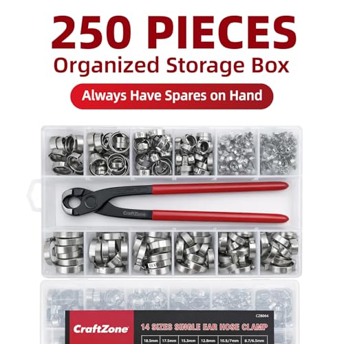 250PCS Single Ear Hose Clamp Kit with Storage Box & Ear Clamp Pliers, Stepless Adjustable Cinch Clamps with Pincer Tool for Automotive, Garden, Home Plumbing and Hydronic Heating