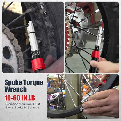 VANPO Spoke Torque Wrench, 10–60 in-lb, for Motorcycle Wheel Maintenance | 1/4" Drive Small Torque Wrench Kit with 9 Spoke Wrench Heads (5.1-6.9mm) & Spline, Spoke Wrench for Mountain, Road Bike - size: Spoke(10-60 in.lb)