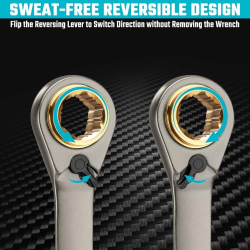 DURATECH Anti-slip 4-in-1 Reversible Ratcheting Box Wrench Set | Double Box End, Metric, 2-Piece, 8, 10, 12, 13 & 14, 15, 17, 19 mm, CR-V Steel, Nickel Plated, with Rolling Pouch - style: Anti-slip & Metric