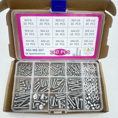 Button Head/Hex Socket/Phillips Flat Head Screws Assortment - Furniture, Auto, Home Repair Fastener Kit (240PCS M3 Semi-Circular Hexagon Screws Set) - color: 240PCS M3 Semi-Circular Hexagon Screws Set