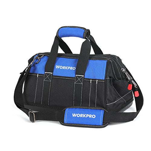 WORKPRO 16-inch Wide Mouth Tool Bag with Water Proof Molded Base | Multi-Pocket, Heavy Duty Cloth, Adjustable Shoulder Strap, Double-pull Zipper, For Workshops, Outdoor Projects - color: Black&Blue