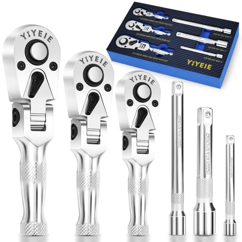 YIYEIE Stubby Flex Head Ratchet Set, 6PCS Stubby Ratchet Set 1/4 3/8 1/2 inch with 3 Extension Bars, 72 Tooth Reversible & Quick-Release, 180° Swivel Head Mini Handle with EVA Foam - size: 1/4", 3/8", 1/2" Drive, style: Stubby Ratchet Set