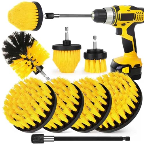 8 Pack Drill Brush Attachment Set, 1/4in Power Scrubber Brush+ Extend Long Rod, Brush Drill Attachment, Power Cleaning Scrub Brush for Bathroom, Tub, Tile, Corner, Floor - color: Yellow