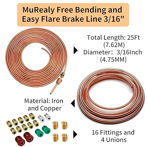 3/16 Inch 25 Ft Copper Coated Brake Line Kit with Flaring Tool | Includes 16 Fittings and 4 Unions Brake Line Fittings, Tube Bender - color: light gold