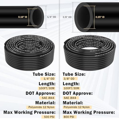 CheeMuii 100 PCS Brass DOT Air Line Fittings with 100FT 1/4" and 100FT 3/8" DOT Air Line Kit Push Lock Air Fitting Quick Connect & NPT Thread Fittings with Pneumatic Tubing - size: 2ROLL-104PCS