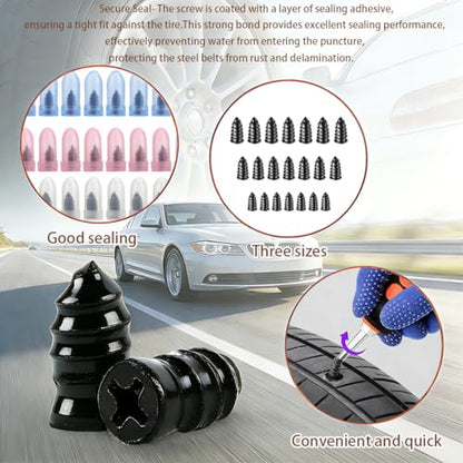 100PCS tire Repair Rubber Nail kit,Fix Without Tire Removal,Three Sizes tire Screw Plugs Tread Repair for Car,Truck,Motorcycle,SUV,Includes Tools Portable Case.