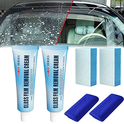 Car Glass Oil Film Cleaner, Glass Oil Film Remover for Car, Glass Film Removal Cream, Car Windshield Oil Film Cleaner, Glass Stripper Water Spot Remover with Sponge and Towel (2 Set) - color: 2 Set