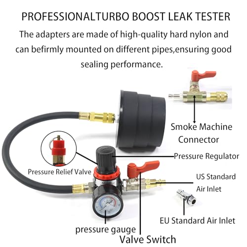 Turbo System Leakage Tester Kit, Turbo Pressure Leakage Tester for Cooling Emissions Exhaust Pipes, 19-Piece Turbo Boost Leak Tester Set with Stepped Adapters 1-1/4” to 4-1/4''