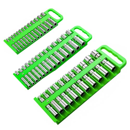 Reniteco Magnetic Socket Organizer Set, 3 Pcs Blue Portable Heavy Duty Socket Rail Set: 1/4-Inch x 22 Pallets, 3/8-Inch x 28 Pallets, 1/2-Inch x 26 Pallets, Hold 76 Sockets - Fit Shallow&Deep Sockets - color: Green