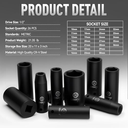 DISEN 26 Pcs Metric 1/2" Impact Socket Set | 10mm - 36mm Deep Sockets Set Impact, 6-Point,Cr-V,Rugged Construction 1/2 Inches Drive Socket - style: 1/2“ 26PCS
