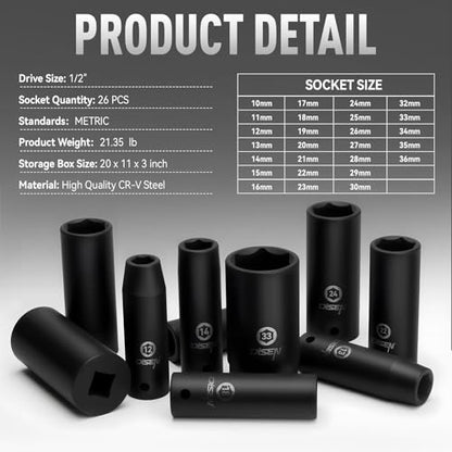 DISEN 26 Pcs Metric 1/2" Impact Socket Set | 10mm - 36mm Deep Sockets Set Impact, 6-Point,Cr-V,Rugged Construction 1/2 Inches Drive Socket - style: 1/2“ 26PCS