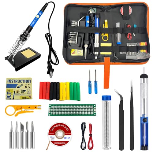 Soldering Iron Kit, 21-in-1 with Adjustable Temperature, 5 Soldering Tips, 60W Soldering Iron, Solder Wire, Desoldering Pump, Stand - A Welding for Electronic Hobbyist DIY with 110V US Plug - color: Light Blue