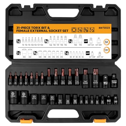 31-Piece Torx Bit Socket Set: Premium CR-V & S2 Alloy Steel, Star T8-T70 & E-Torx E4-E24, High Torque Laser Marked for Automotive Mechanic