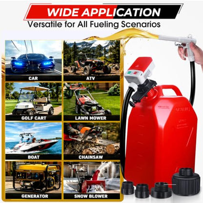 Fuel Transfer Pump with Auto-Stop Sensor-30s Alert Beep,3.4GPM USB & AA Battery Powered, 51" Upgraded Vinyl Hose, 4 Tank Adapters &Universal Multi-Tank Adapter for Gasoline, Diesel,Oil - color: Red&Black