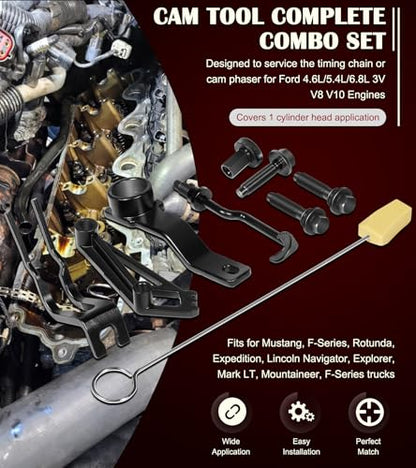 Timing Belt Tools Set for Ford 4.6L, 5.4L & 6.8L 3V Engines, Cam Phaser Holder & Mounting Bolt Tool, Timing Chain Locking Tool, Valve Spring Compressor Tool, Crankshaft Positioning & Pulley Bolt Tool