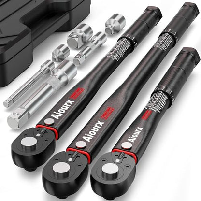 Torque Wrench Set 9PCS, 1/4" 3/8" 1/2" Drive Click Torque Wrench, 72 Tooth Dual-Direction Adjustable, Dual Scale, ±3% Accuracy, for Bicycle, Motorcycle, Automotive Repair and Maintenance