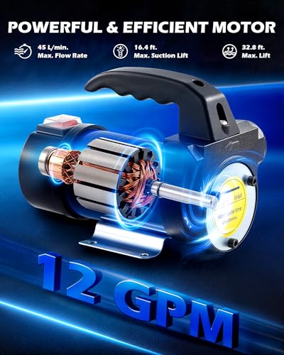 Orion Motor Tech Diesel Transfer Pump, 12 Volt Fuel Transfer Pump with Nozzle Hoses for Transferring Diesel, Kerosene, Self Priming DC Electric Fuel Pump Kit, Oil Not Included - color: 12GPM Diesel Pump Kit