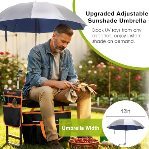 Garden Kneeler and Seat with Umbrella, 2-in-1 Foldable Gardening Stool with Adjustable Bracket, Detachable Tool Bags, Heavy Duty Kneeling Pad for Gardening (Black Orange) - color: Black & Orange