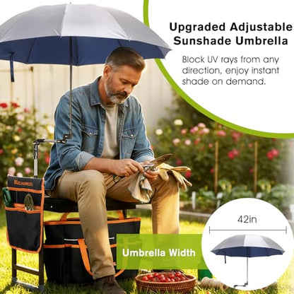 Garden Kneeler and Seat with Umbrella, 2-in-1 Foldable Gardening Stool with Adjustable Bracket, Detachable Tool Bags, Heavy Duty Kneeling Pad for Gardening (Black Orange) - color: Black & Orange
